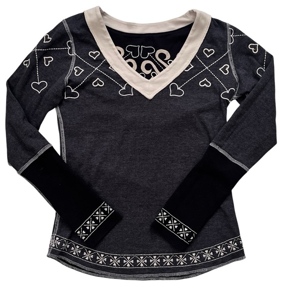 Alp-n-Rock Snowflake V Neck Long Sleeve Top Black Reversible Hearts Size XS/S - Picture 8 of 9